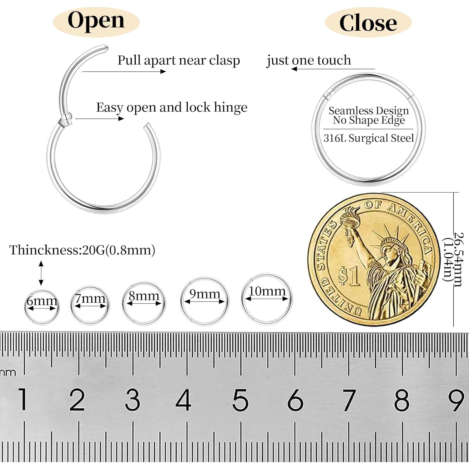 10 Piezas Aros Nasales Hipoalergénicos Acero Quirúrgico 6-10mm