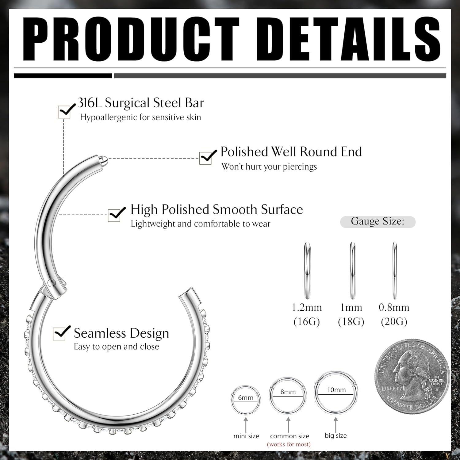 Aros de Cartílago Hipoalergénicos FASACCO 8mm 316L Acero Quirúrgico