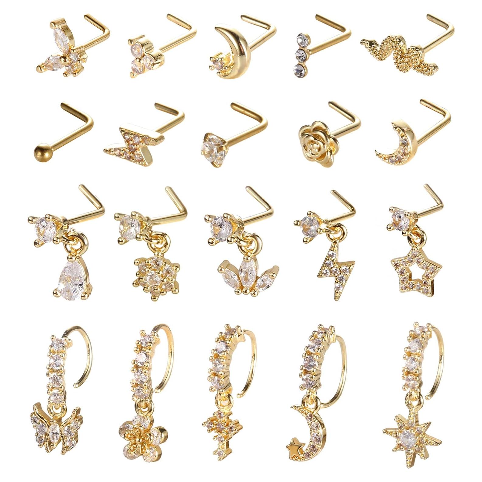 Juego de 20 Aros de Nariz de Acero Inoxidable Baño Oro 14K