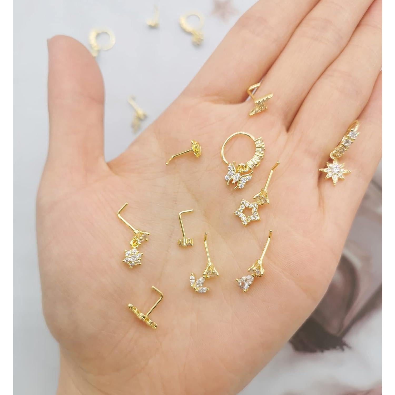 Juego de 20 Aros de Nariz de Acero Inoxidable Baño Oro 14K