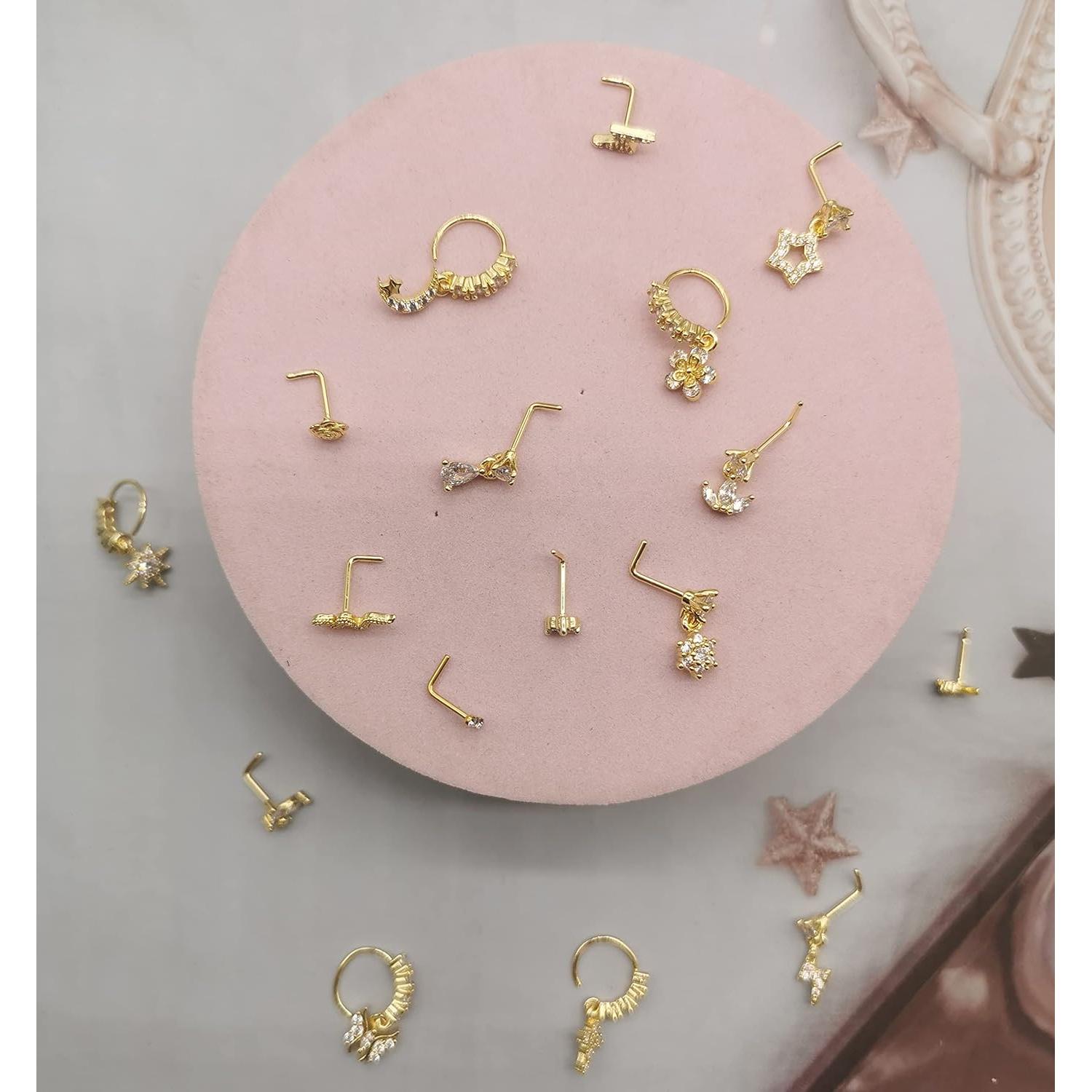 Juego de 20 Aros de Nariz de Acero Inoxidable Baño Oro 14K