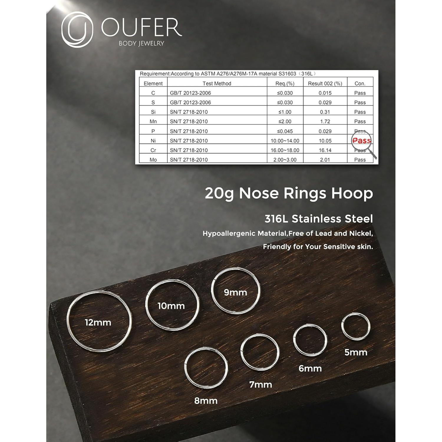 Aros Nasales OUFER 20G Acero Quirúrgico 316L 8mm Plata