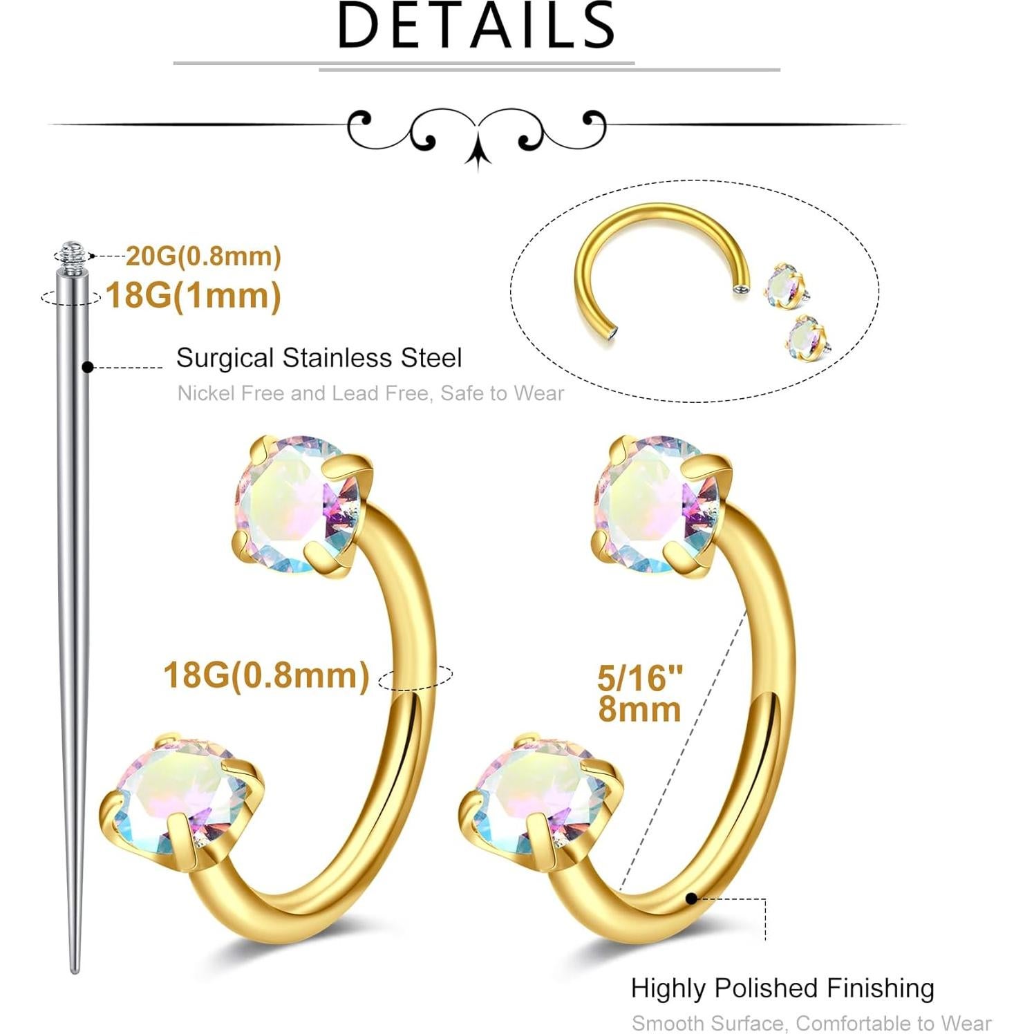 Anillo de nariz de herradura dorado 18g acero inoxidable 8mm