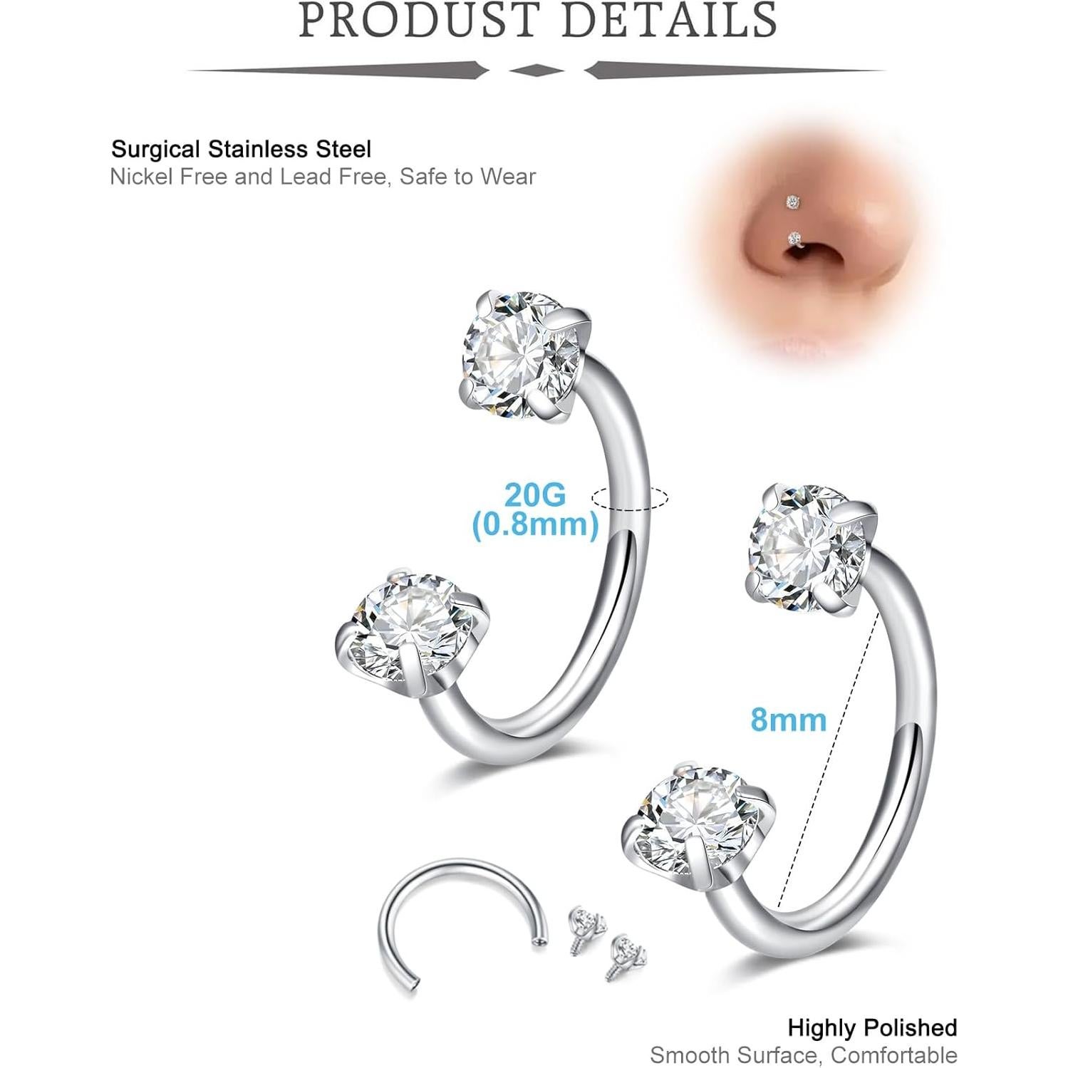 Arete de Cartílago QWALIT 20g Plata con Herradura y Herramientas