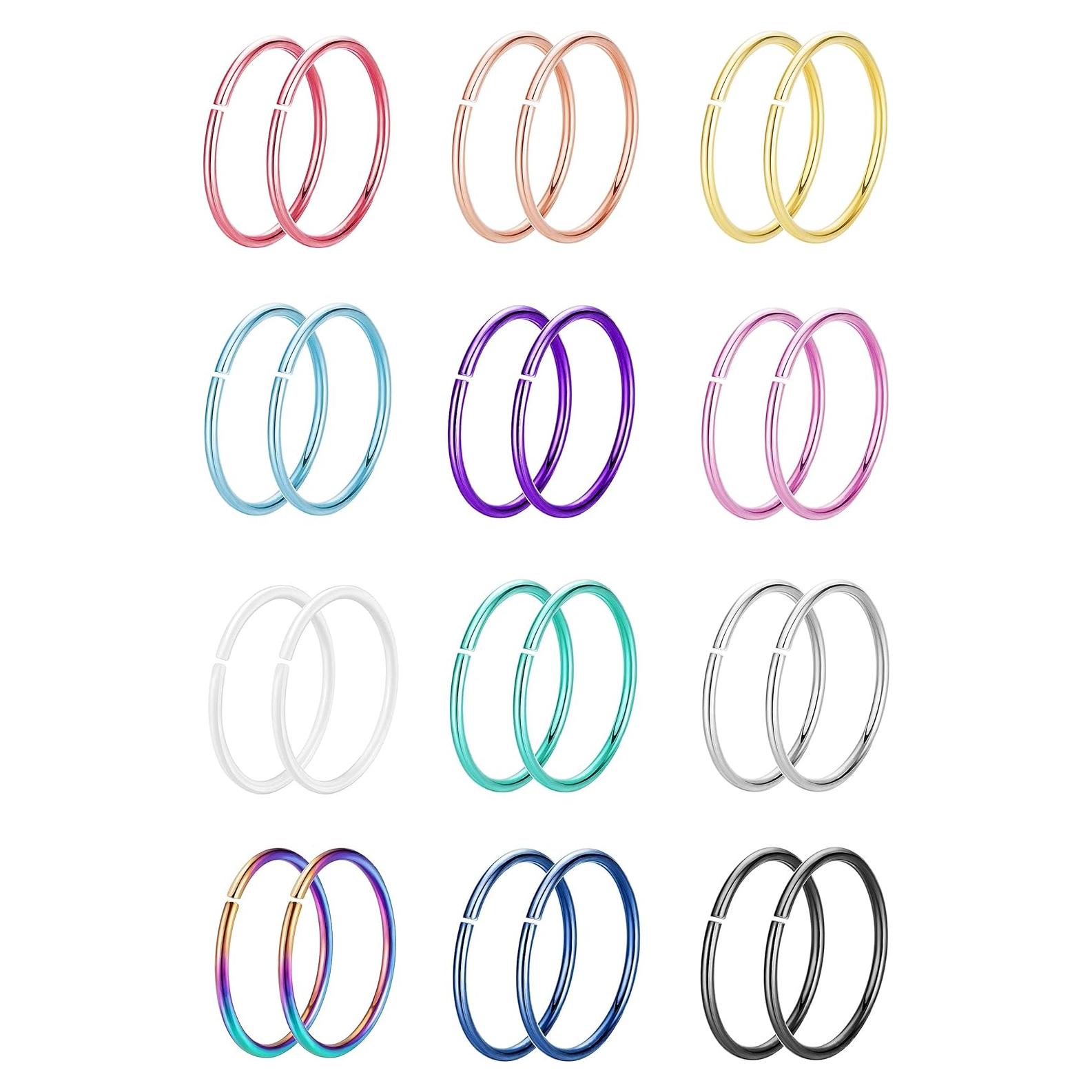 Aros de Nariz Acero Inoxidable 20G 8mm Set 12 Colores