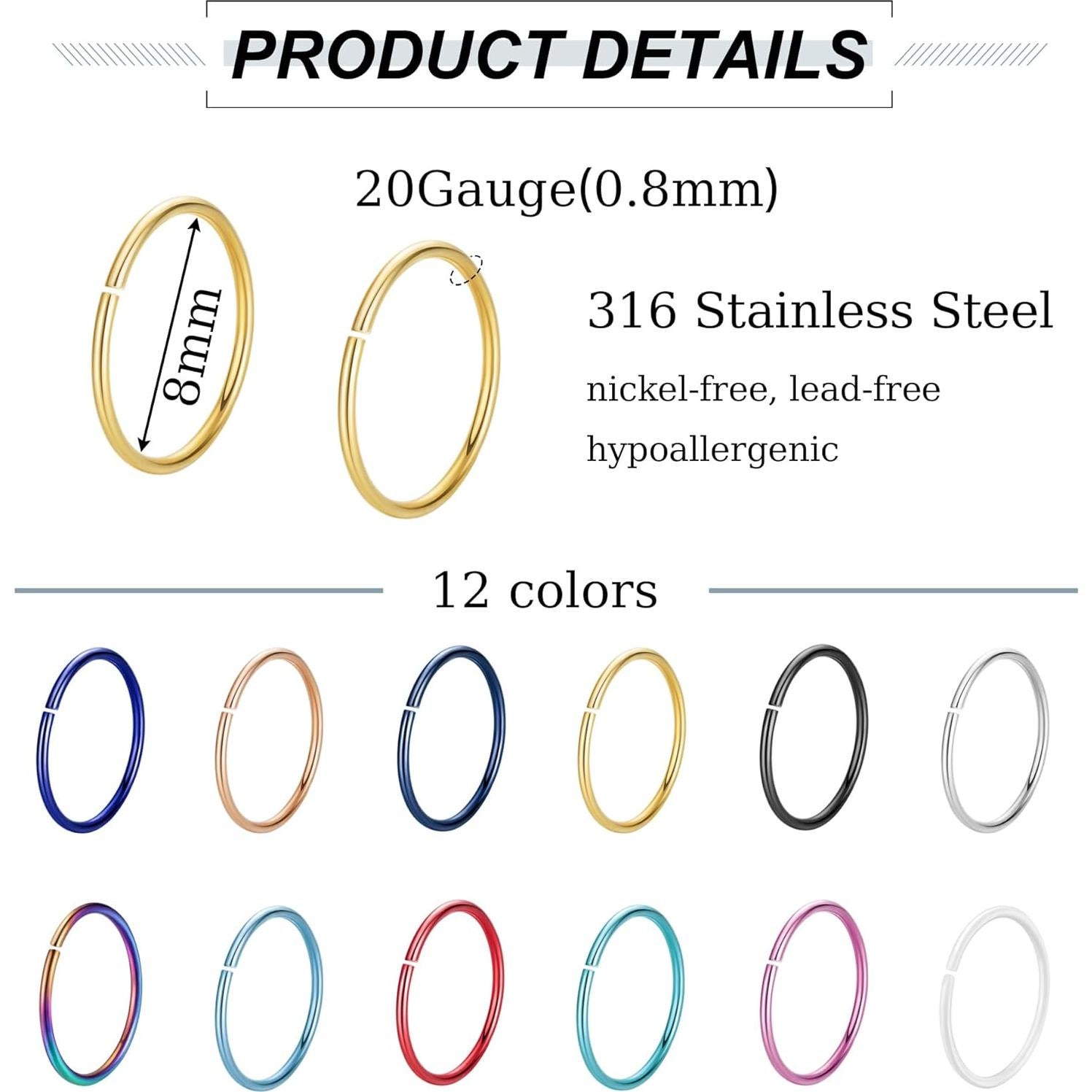 Aros de Nariz Acero Inoxidable 20G 8mm Set 12 Colores