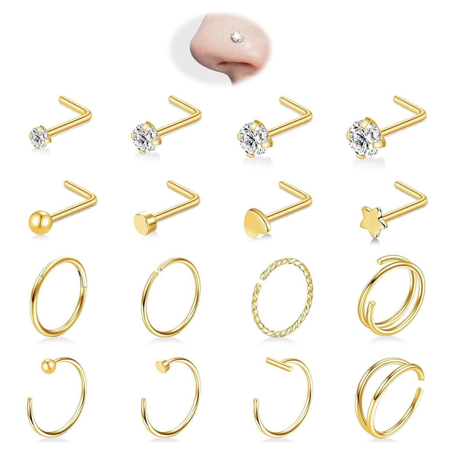 16 Aros de Nariz Dorados 20G Acero Quirúrgico Hipoalergénico