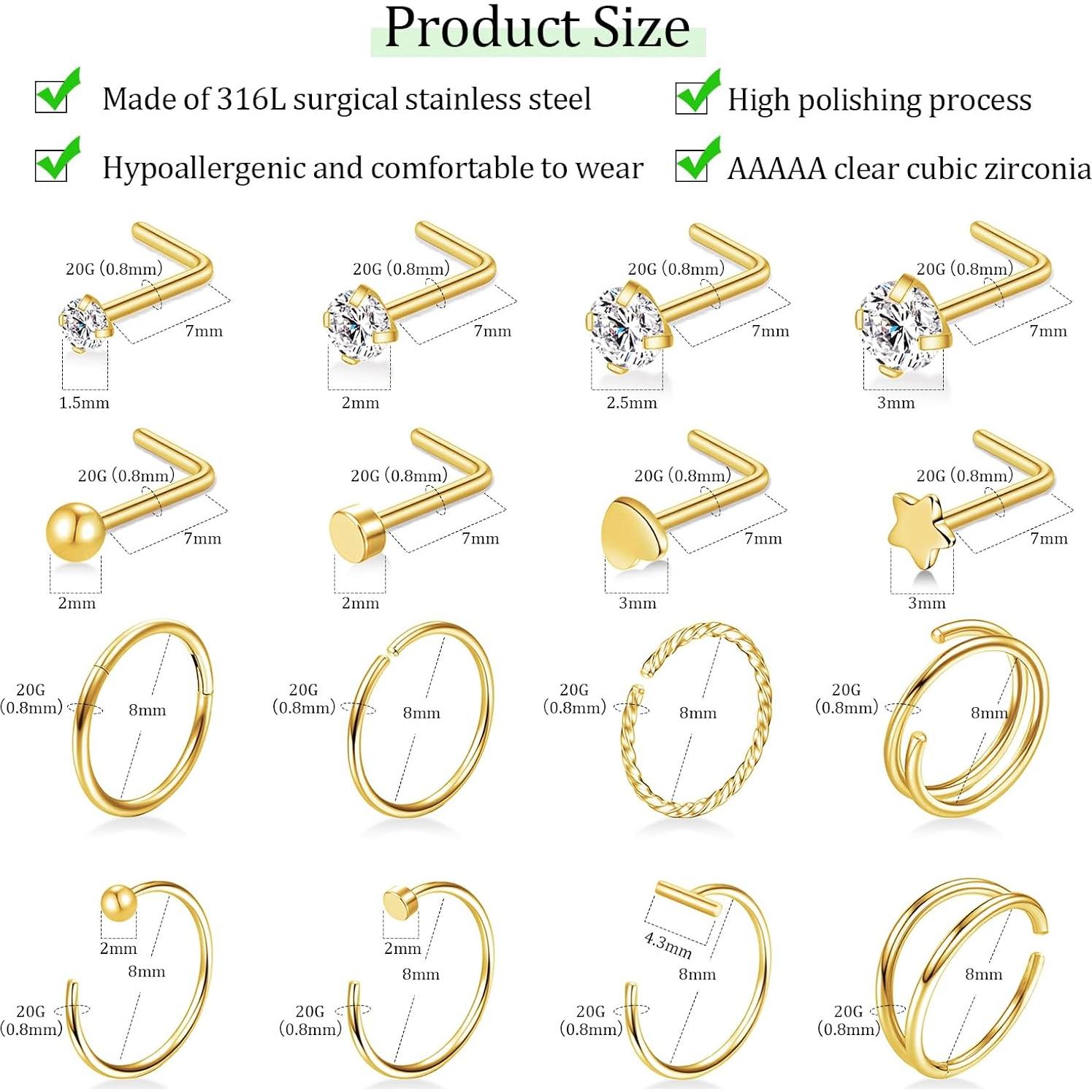 16 Aros de Nariz Dorados 20G Acero Quirúrgico Hipoalergénico