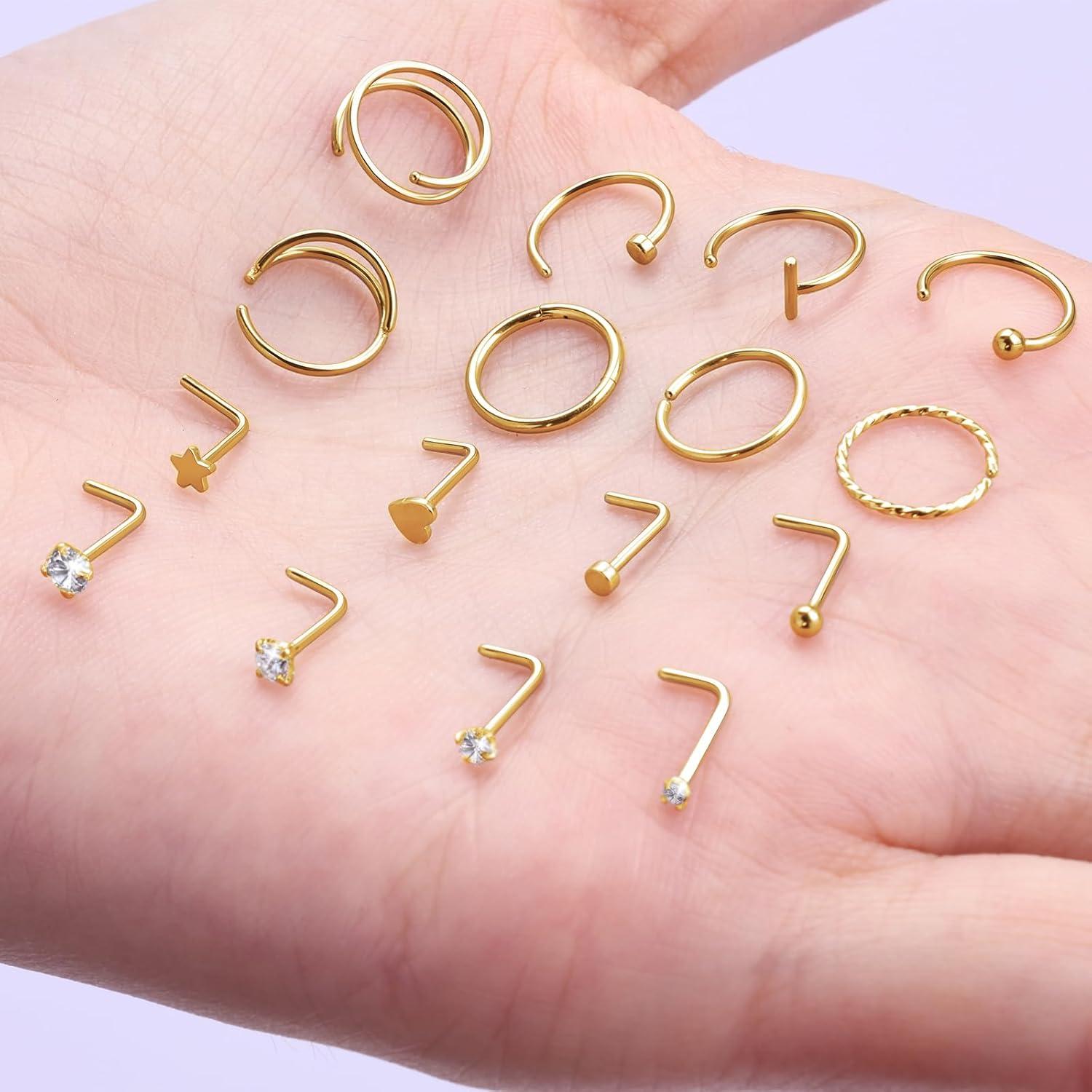 16 Aros de Nariz Dorados 20G Acero Quirúrgico Hipoalergénico