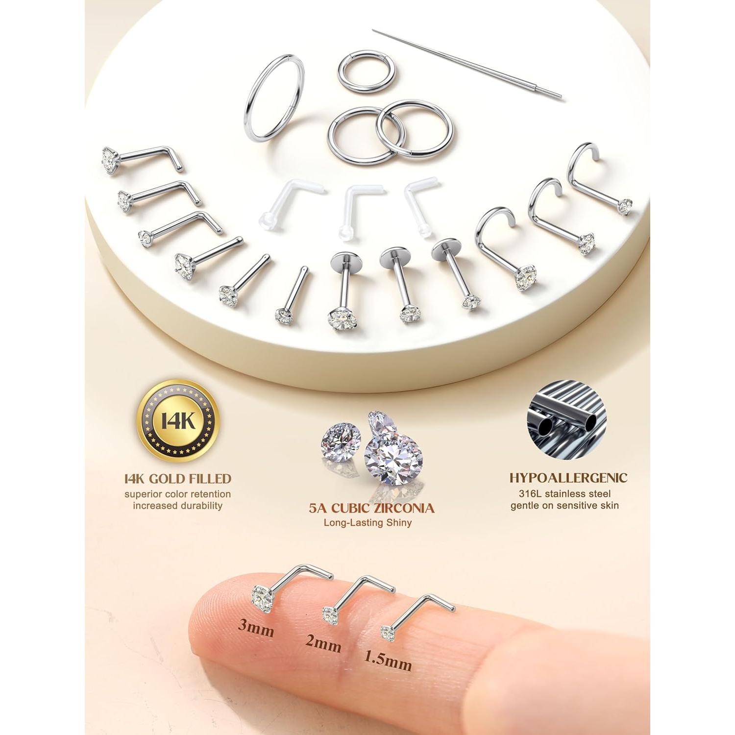 Anillos de Nariz Oro 14K Acero Inoxidable Hipoalergénico 20G 18G