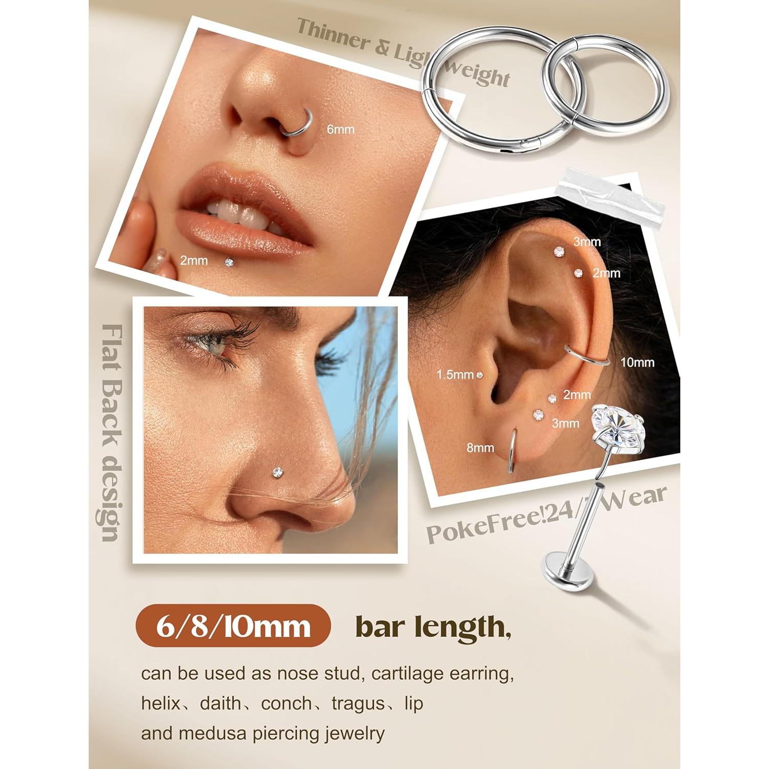 Anillos de Nariz Oro 14K Acero Inoxidable Hipoalergénico 20G 18G