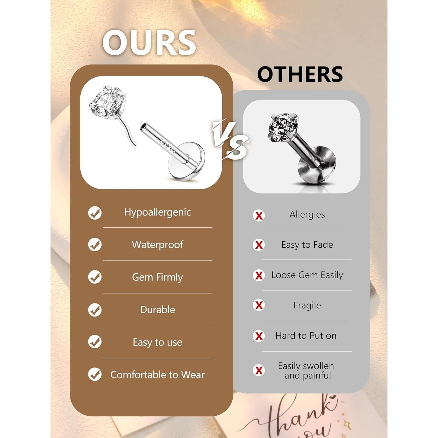 Anillos de Nariz Oro 14K Acero Inoxidable Hipoalergénico 20G 18G