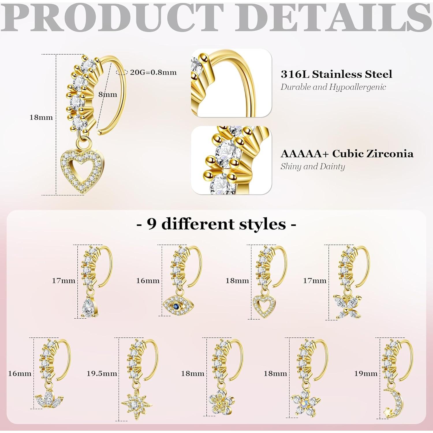 Juego de Aros Nasales Colgantes YOVORO 20G Acero Inoxidable 9 Piezas