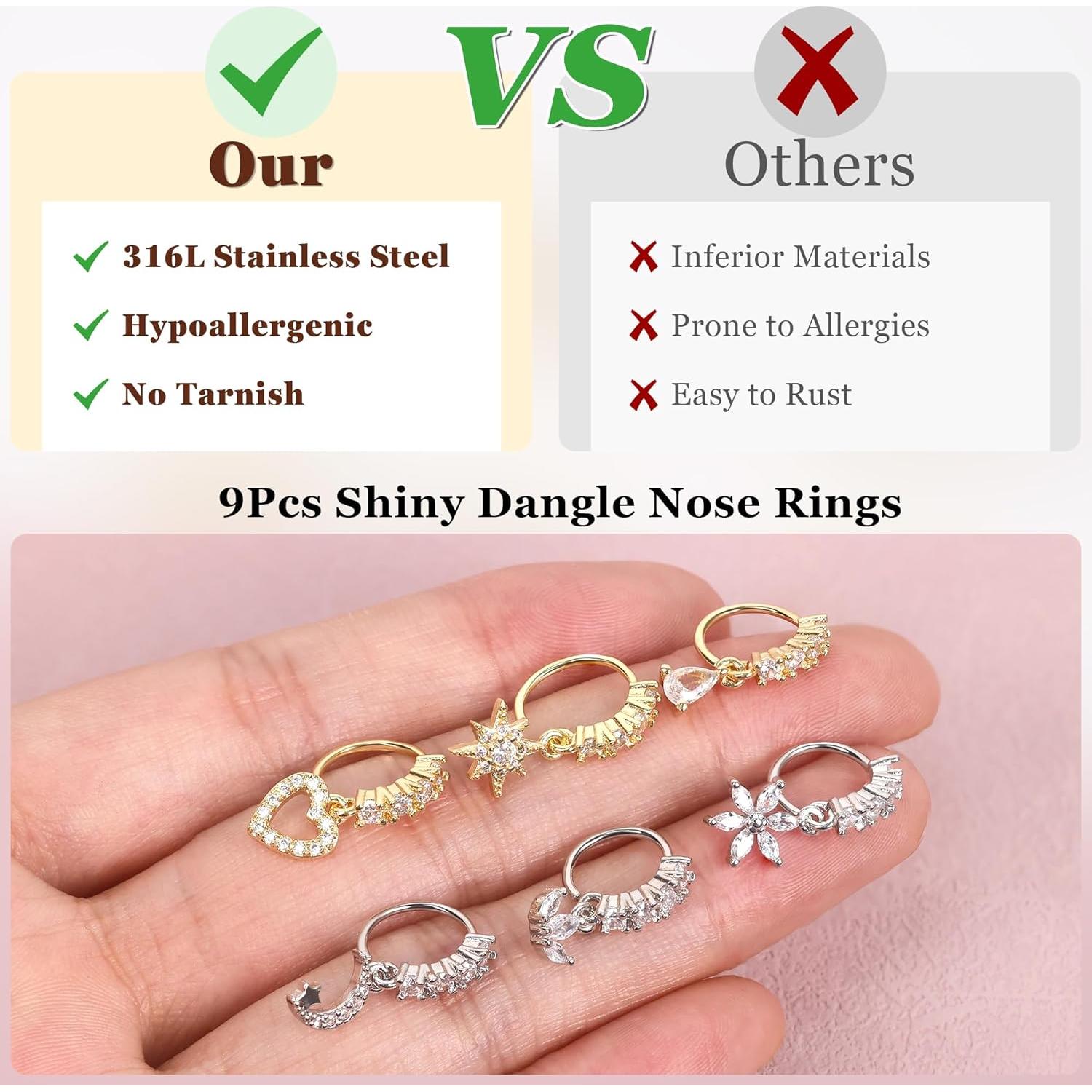 Juego de Aros Nasales Colgantes YOVORO 20G Acero Inoxidable 9 Piezas