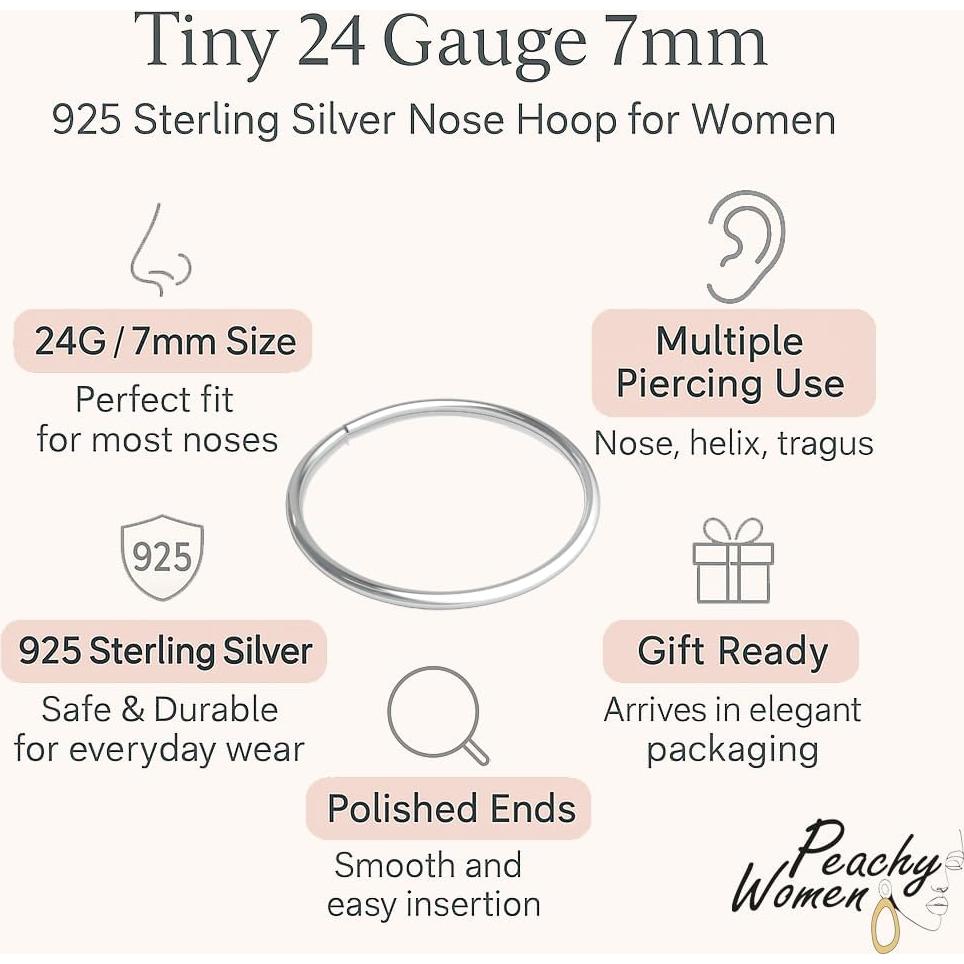 Anillo de Nariz de Plata Esterlina 925 7mm 24G Hipoalergénico