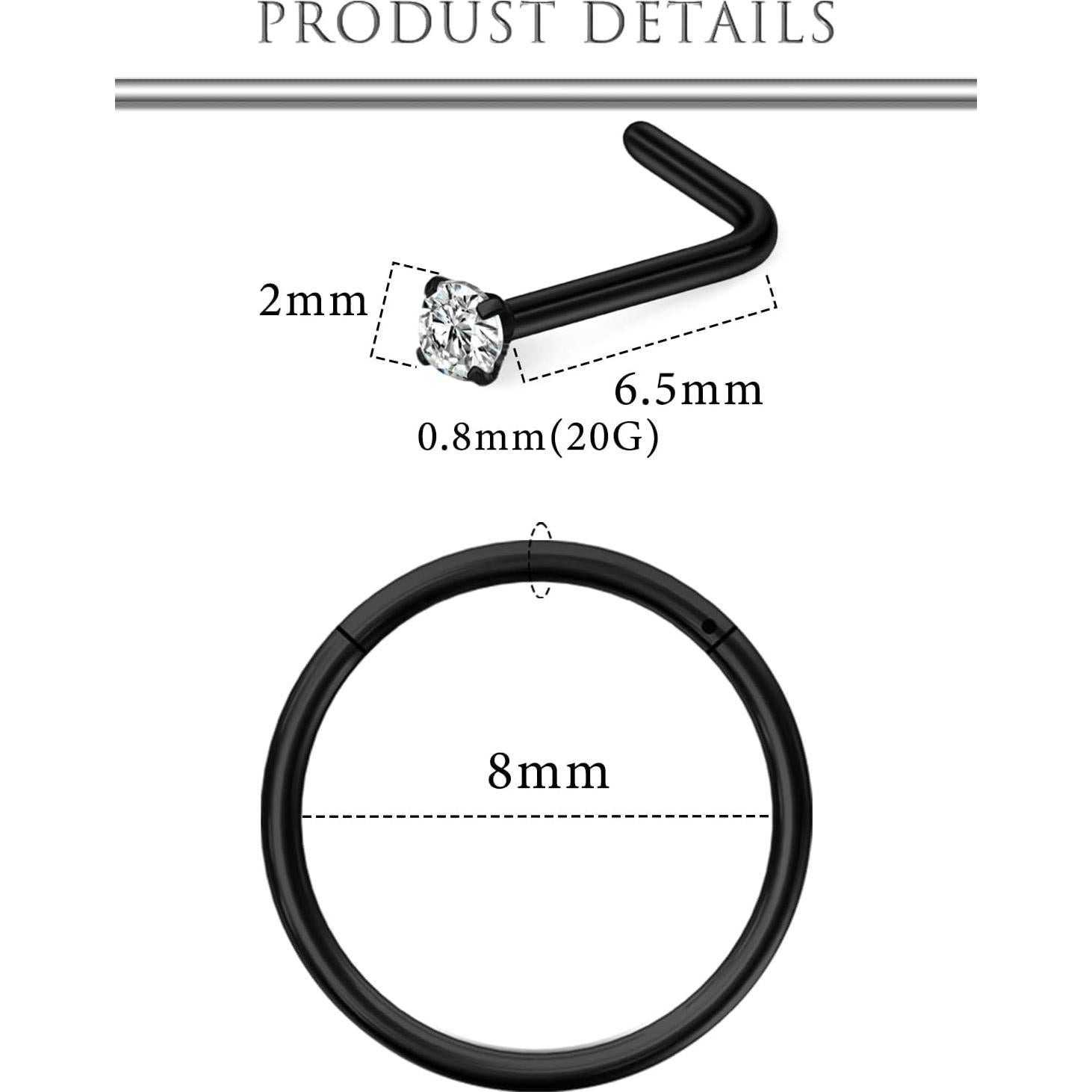 Aros de Nariz de Acero Quirúrgico Hoeudjo 20G Negro 2mm