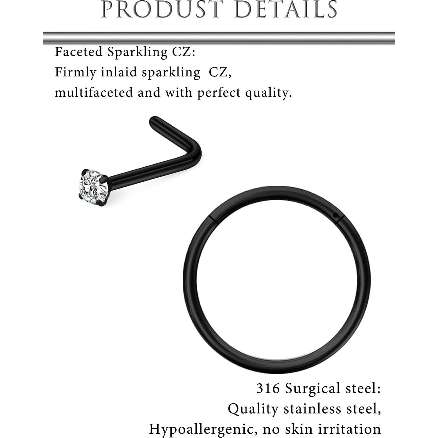 Aros de Nariz de Acero Quirúrgico Hoeudjo 20G Negro 2mm