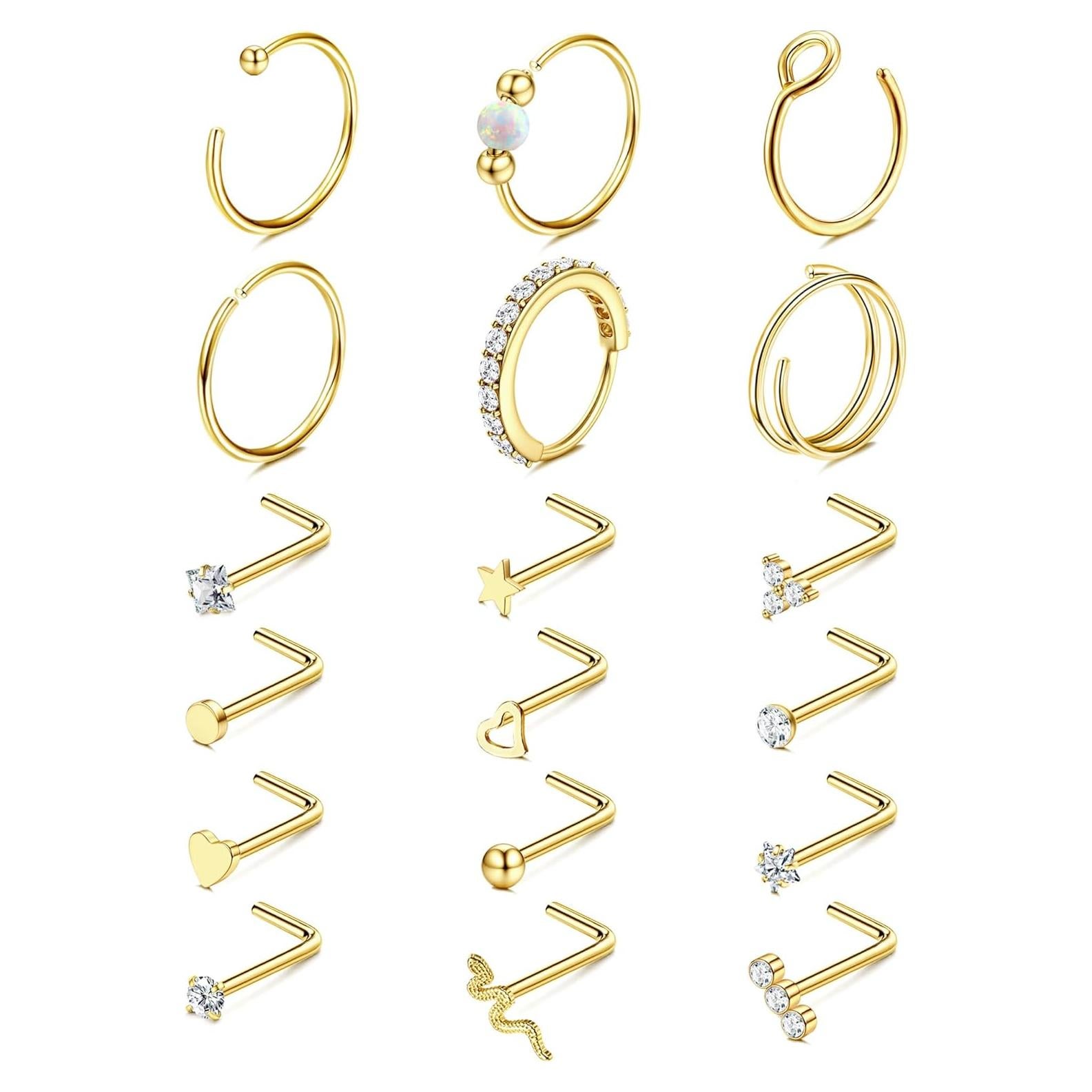 Anillos de Nariz Jstyle Oro 14K 20G Hipoalergénicos 18 Piezas
