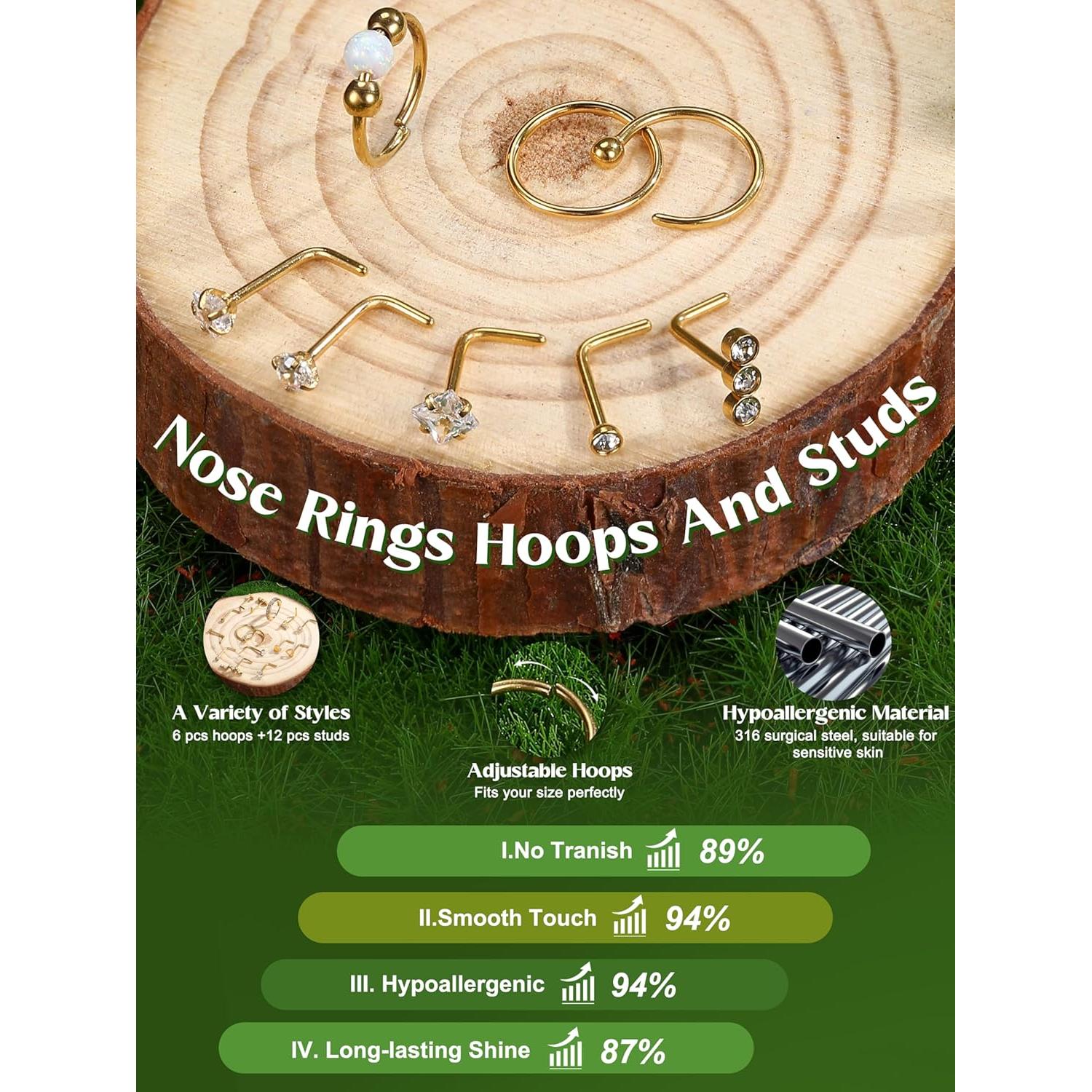 Anillos de Nariz Jstyle Oro 14K 20G Hipoalergénicos 18 Piezas