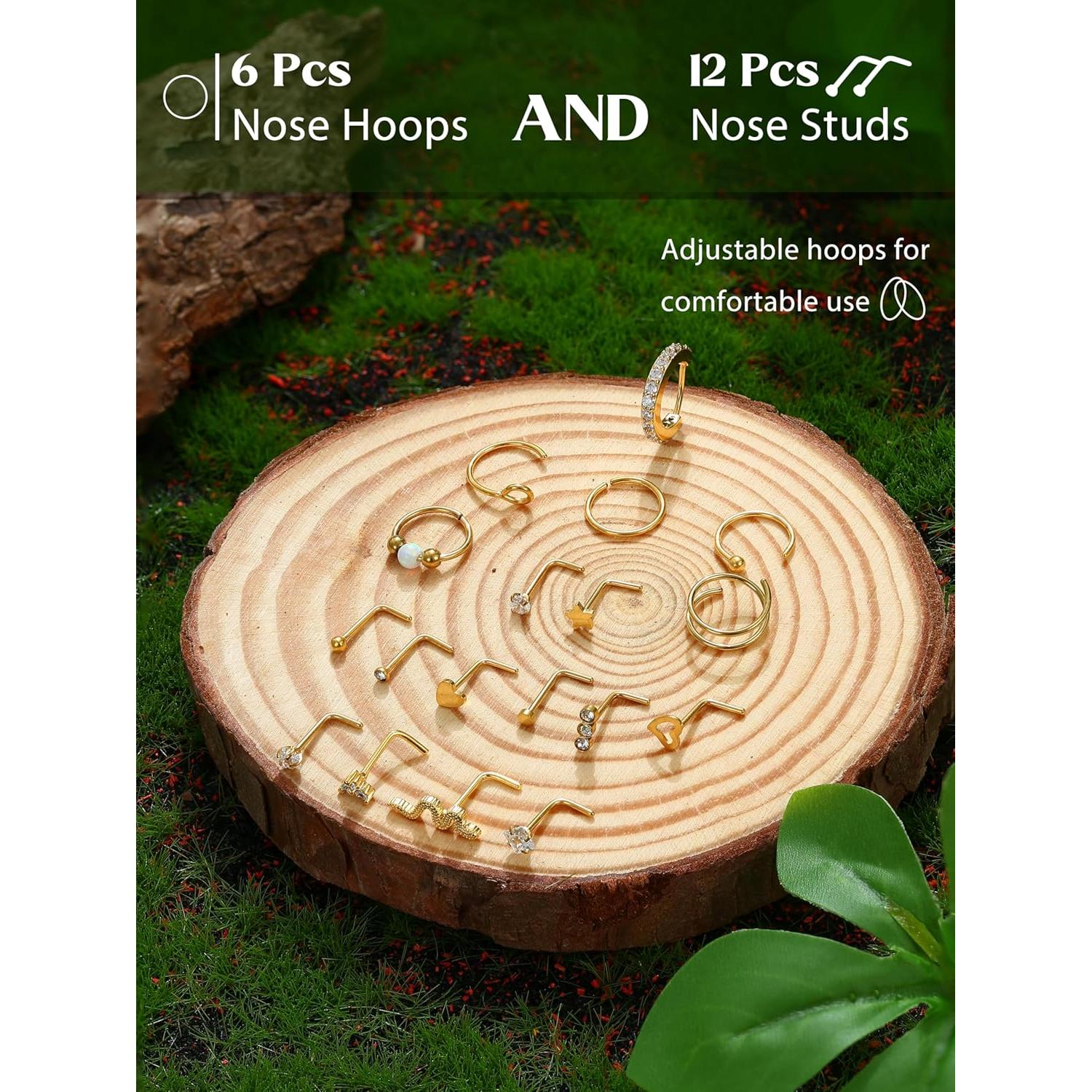 Anillos de Nariz Jstyle Oro 14K 20G Hipoalergénicos 18 Piezas