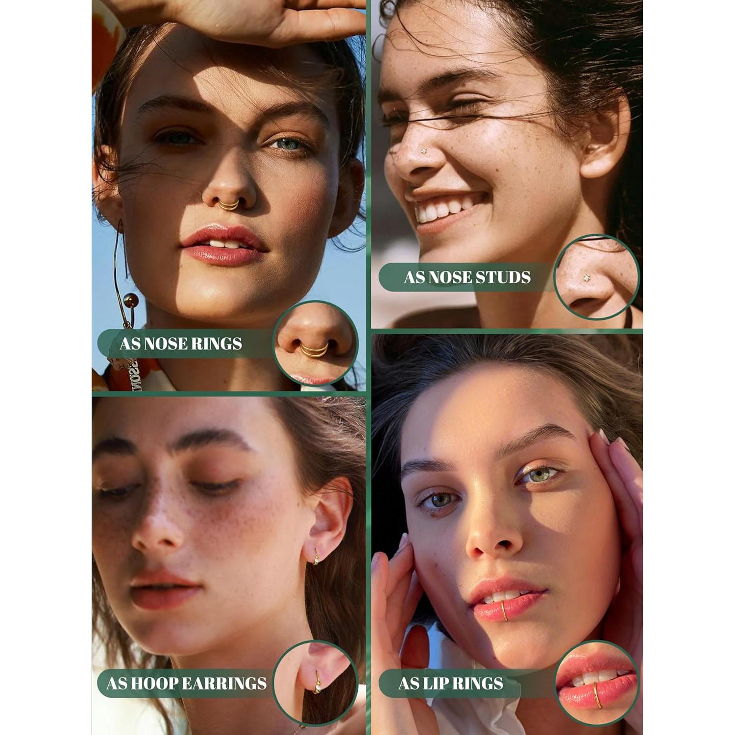 Anillos de Nariz Jstyle Oro 14K 20G Hipoalergénicos 18 Piezas