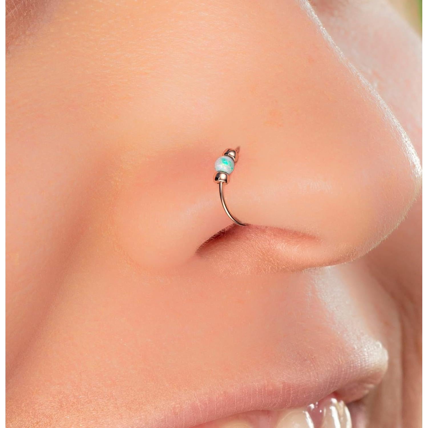 Anillo de Nariz Oro Rosa 2mm Ópalo Blanco Hecho a Mano