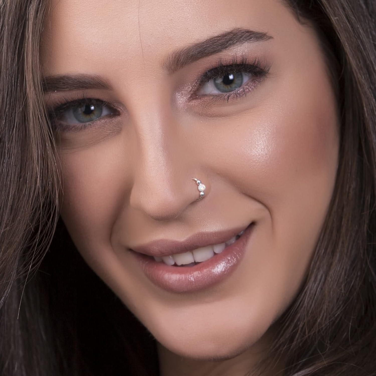 Anillo de Nariz de Plata 925 con Ópalo Blanco 7mm - Aro Elegante