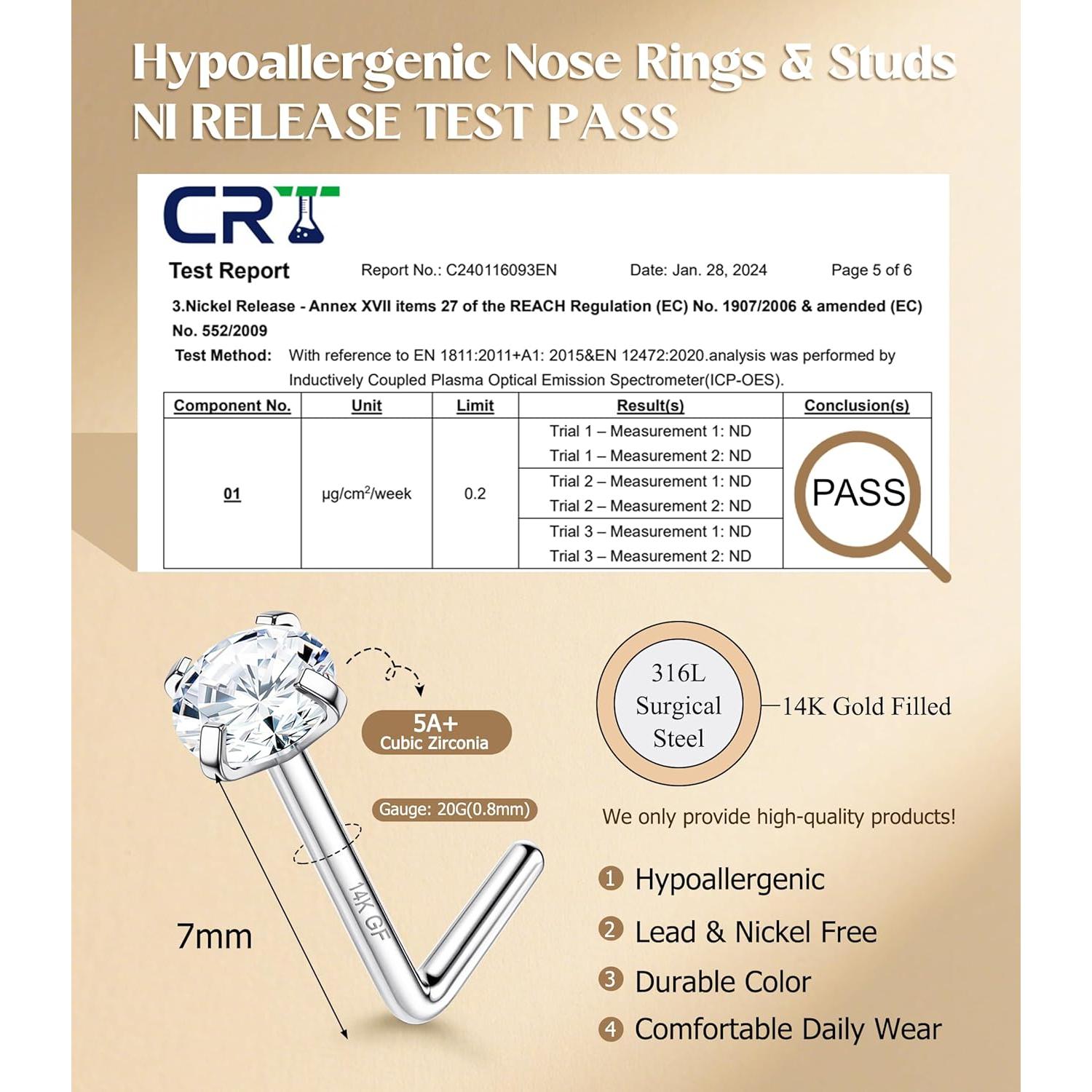 Anillos de Nariz Hipoalergénicos MILACOLATO 20G Oro 14K Acero