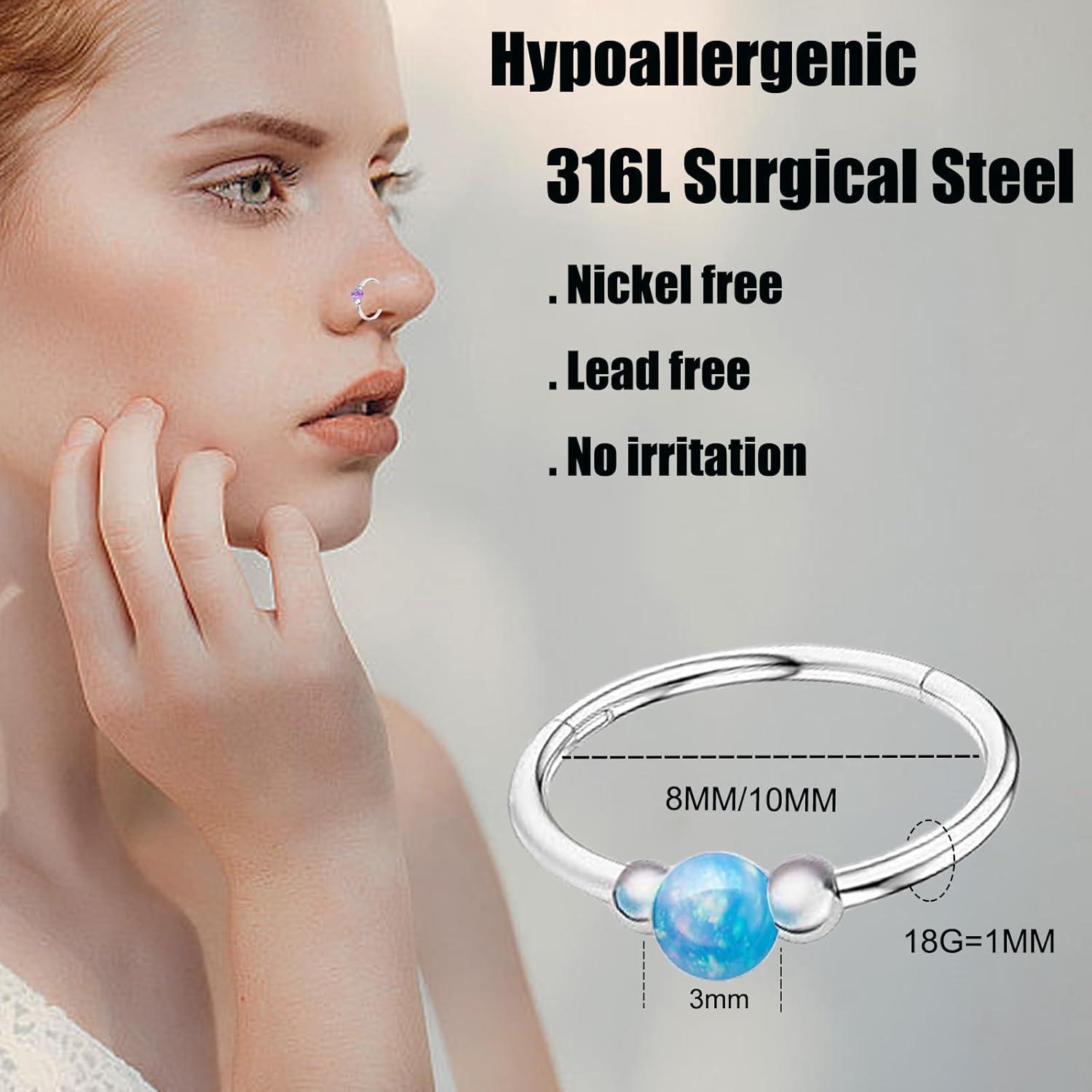 Aros de Nariz de Ópalo Acero Quirúrgico 316L 18G 10mm Azul