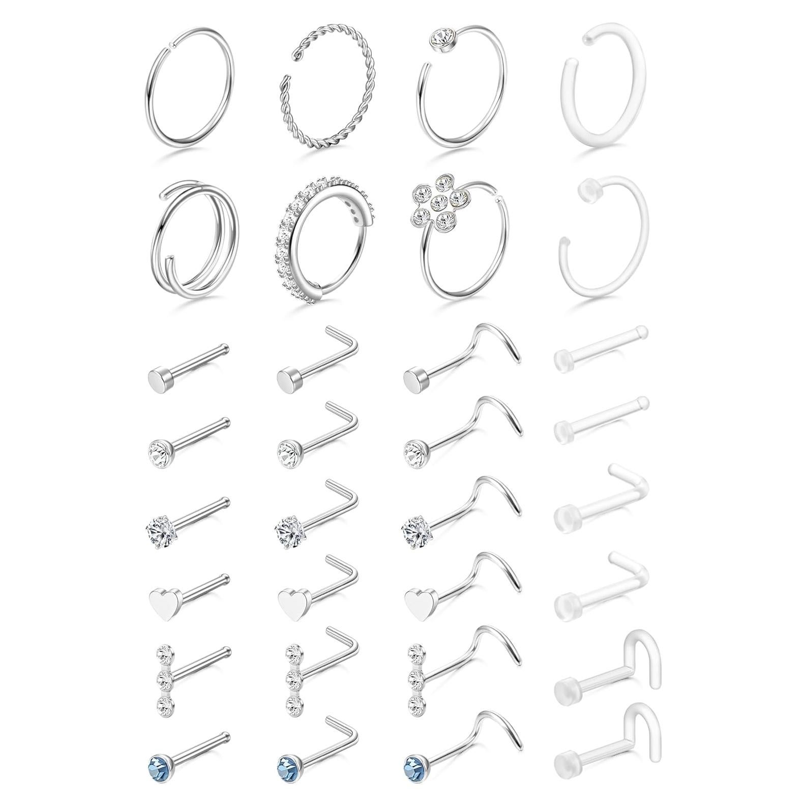 Aros Nasales Hipoalergénicos THUNARAZ 32 Pcs 18G 20G Plata