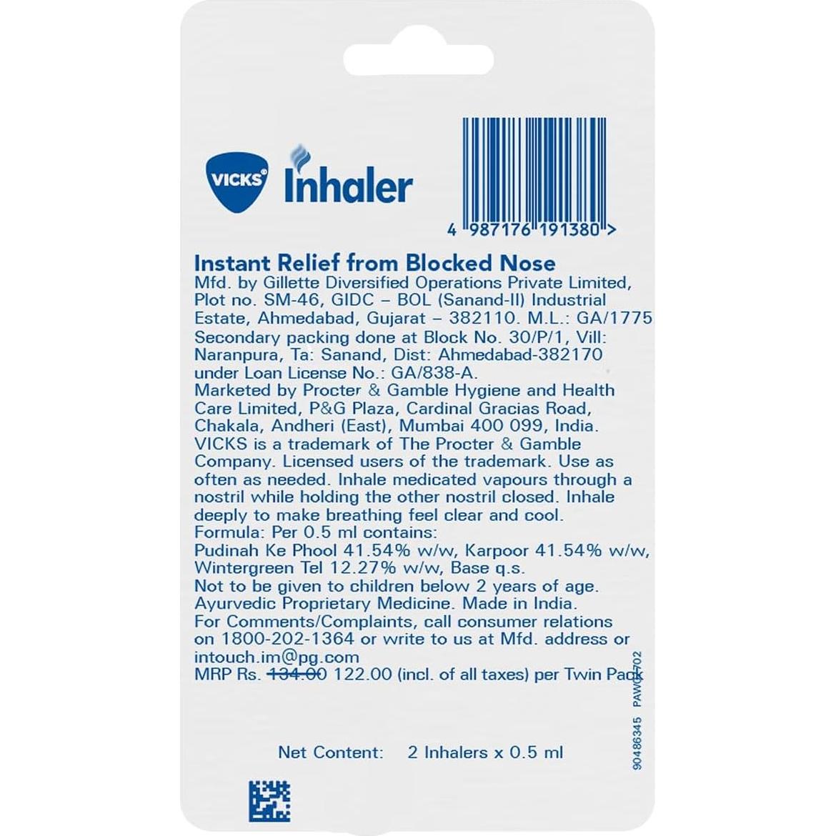 Inhalador Nasal Vicks Procter & Gamble, 2 Unidades, Aroma Mentol