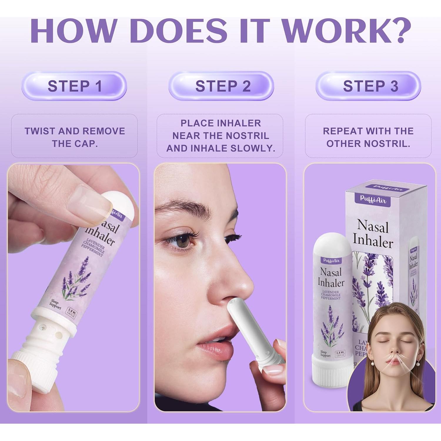 Palitos Nasales PUFFIAIR de Lavanda - Paquete de 3 - Alivio Congestión