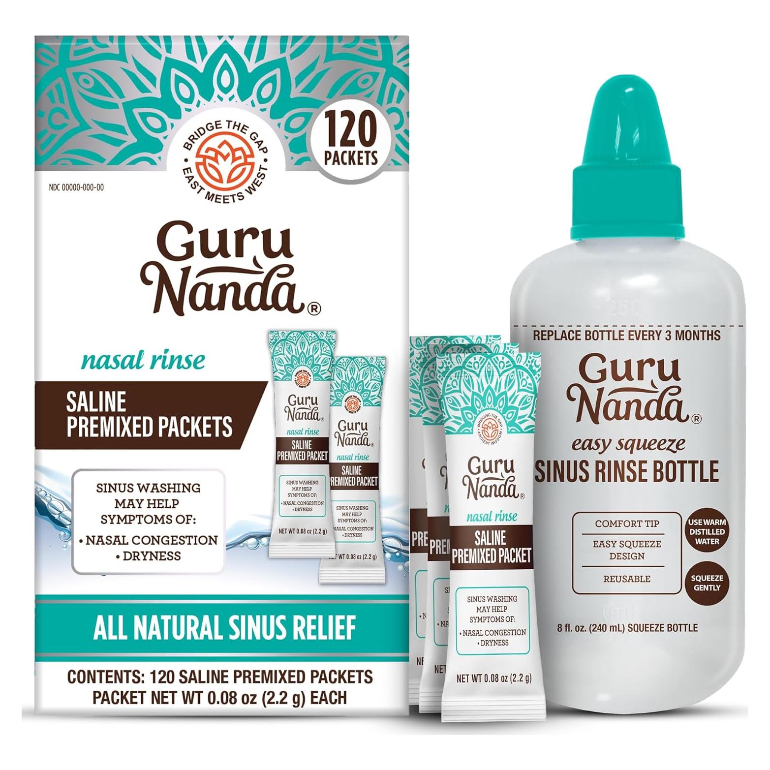 Botella de Enjuague Nasal GuruNanda + 120 Paquetes Salina