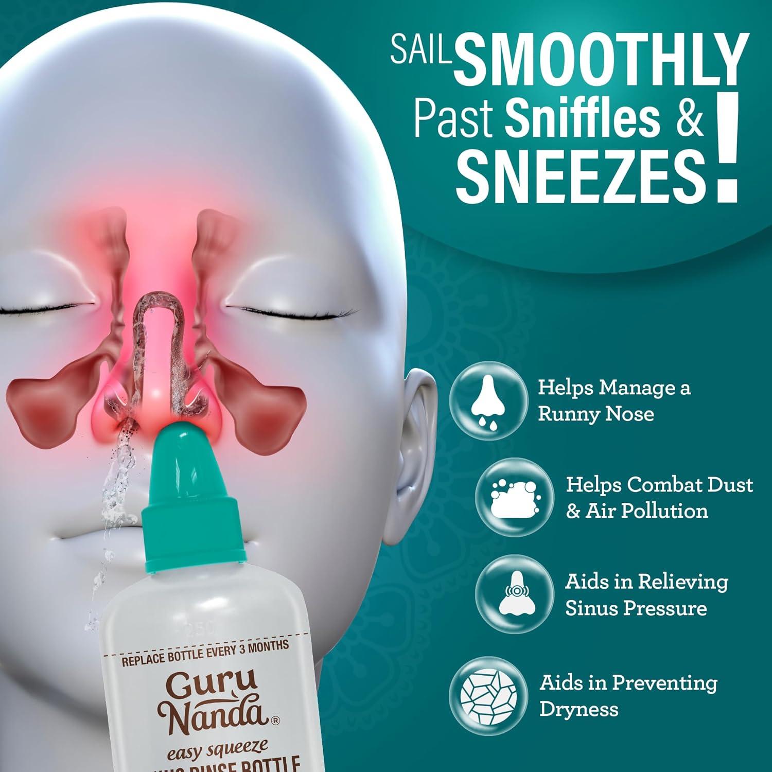 Botella de Enjuague Nasal GuruNanda + 120 Paquetes Salina