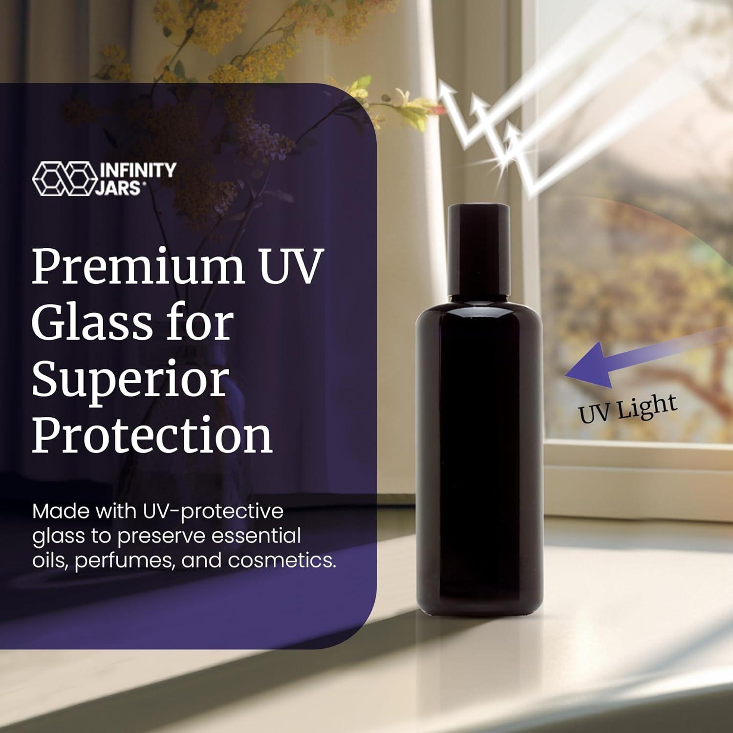 Infinity Jars Black Ultraviolet Glass Bottle 100Ml (3.4 fl oz) w/Glass Ball Roll on Tip Screw top Bottle for Essential oil, Airtight Round Bottles Cosmetic Containers Roller Bottles w/Black Cap