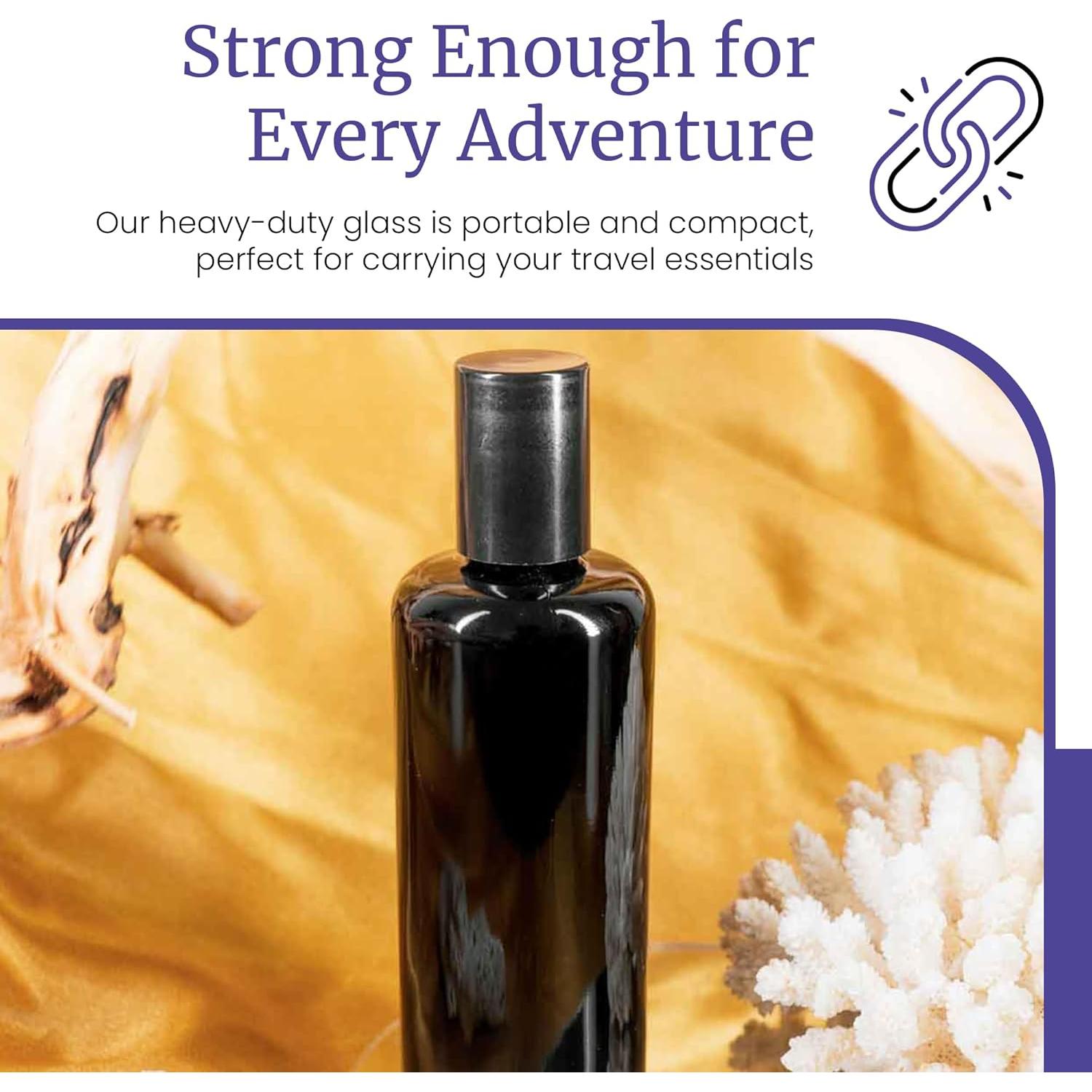 Infinity Jars Black Ultraviolet Glass Bottle 100Ml (3.4 fl oz) w/Glass Ball Roll on Tip Screw top Bottle for Essential oil, Airtight Round Bottles Cosmetic Containers Roller Bottles w/Black Cap