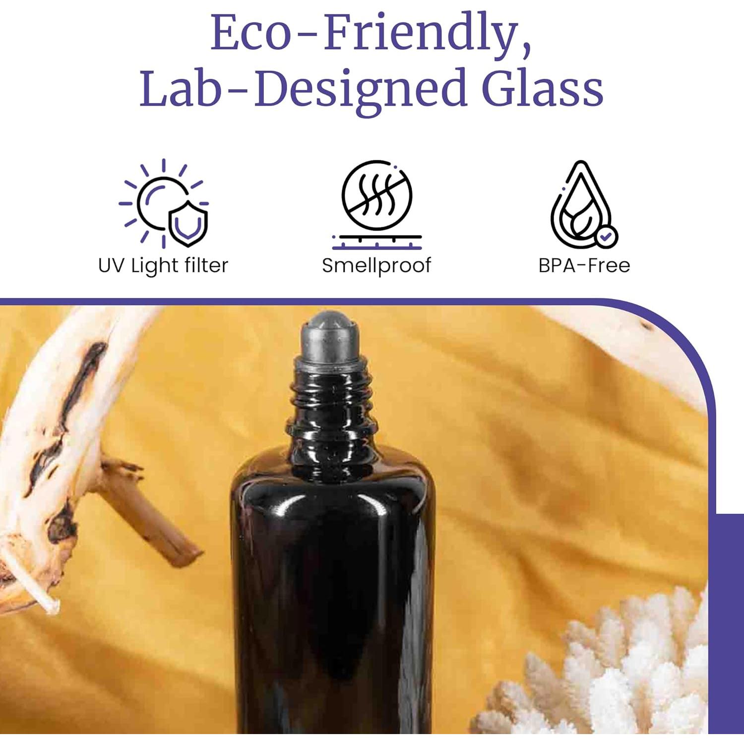 Infinity Jars Black Ultraviolet Glass Bottle 100Ml (3.4 fl oz) w/Glass Ball Roll on Tip Screw top Bottle for Essential oil, Airtight Round Bottles Cosmetic Containers Roller Bottles w/Black Cap