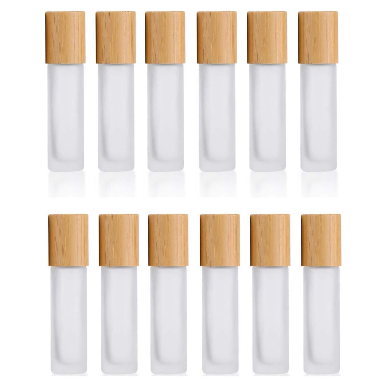 12 Botellas de Vidrio Esmerilado 10ml con Rodillo y Tapas de Bambú