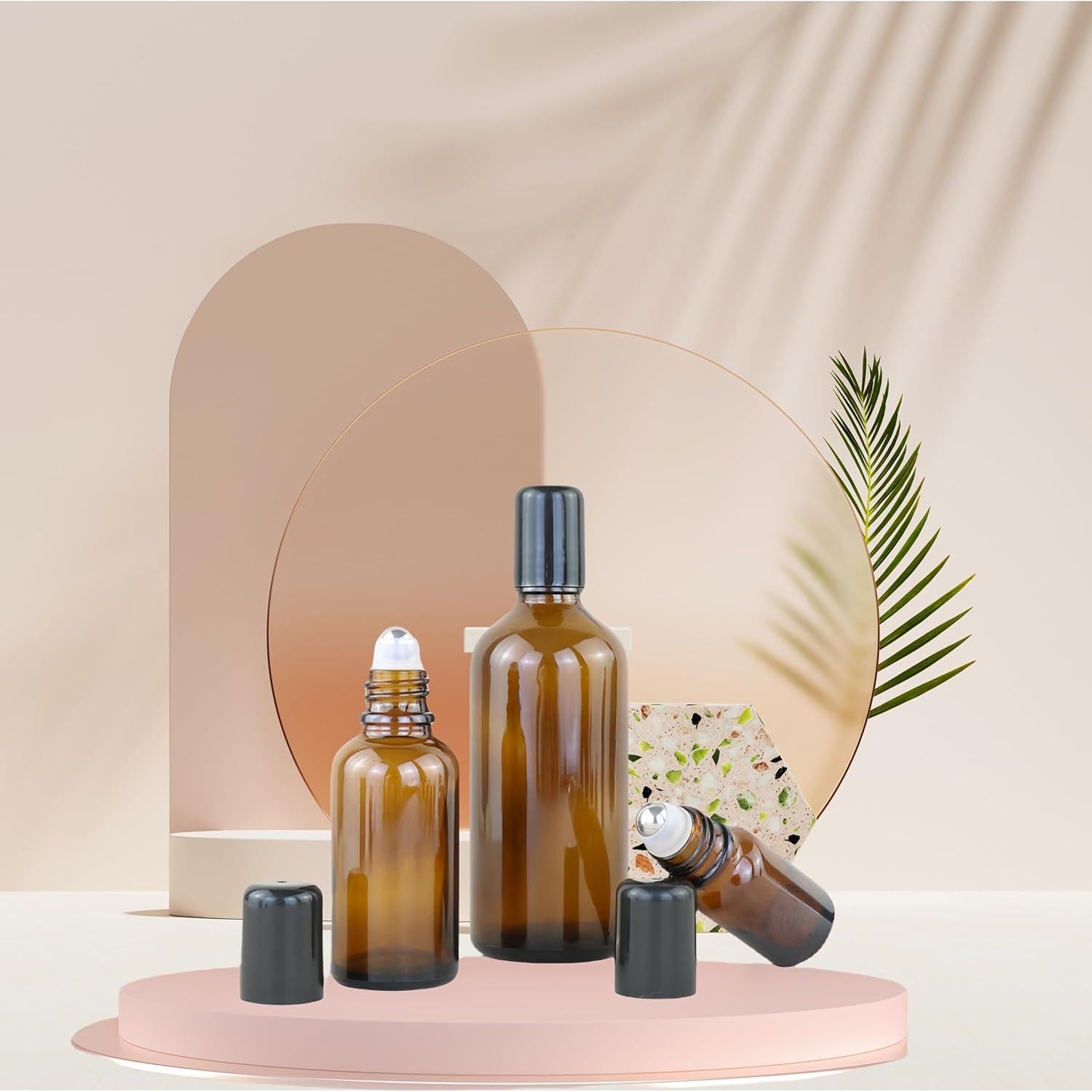 Paquete de 4 botellas de vidrio ámbar 100ml YORROR con rodillo