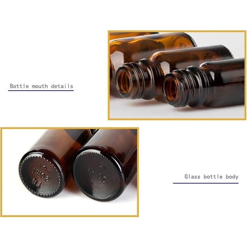 3 Botellas de Vidrio Ámbar 20ml con Bola de Acero Inoxidable