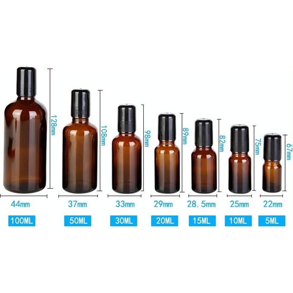 3 Botellas de Vidrio Ámbar 20ml con Bola de Acero Inoxidable