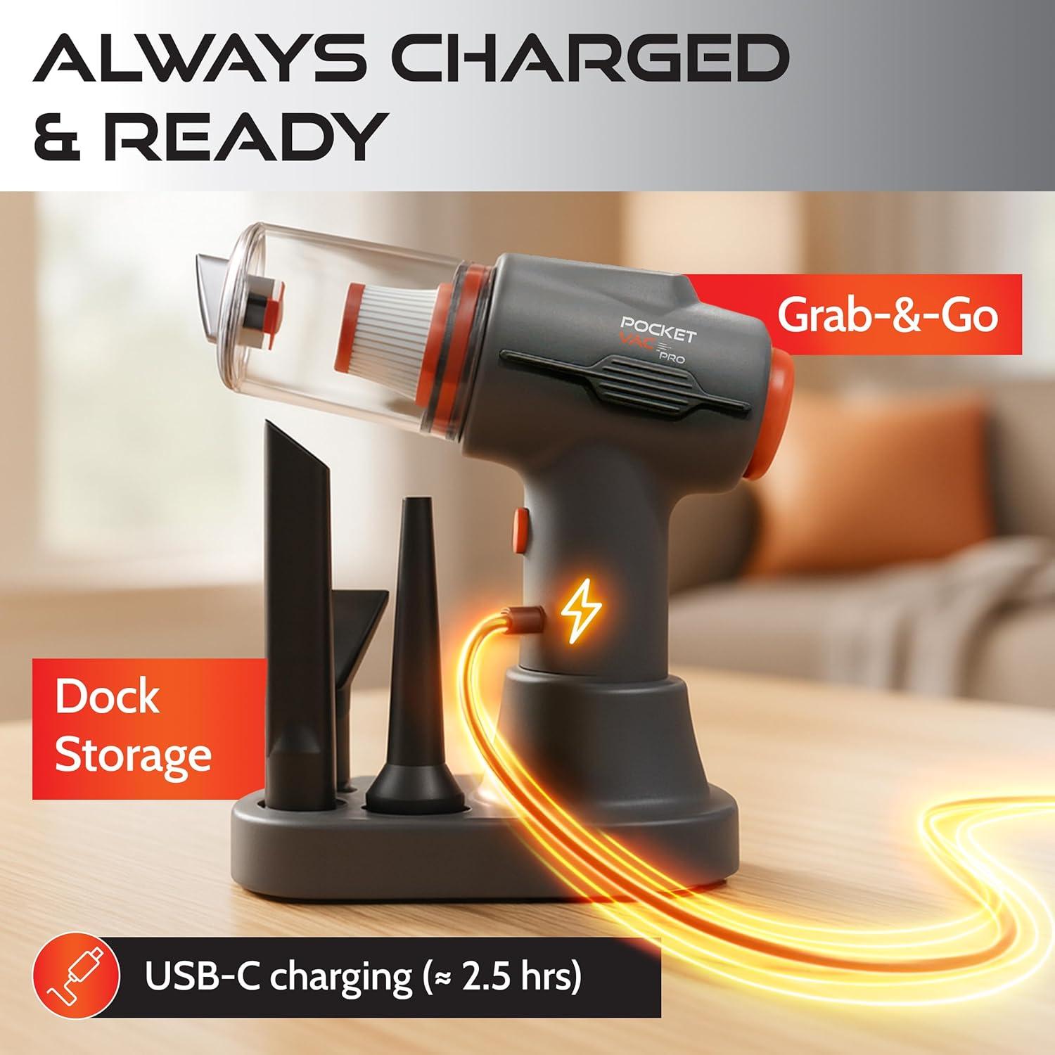 Aspiradora de Mano Pocket Vac Pro Inalámbrica 100W con Estación de Carga