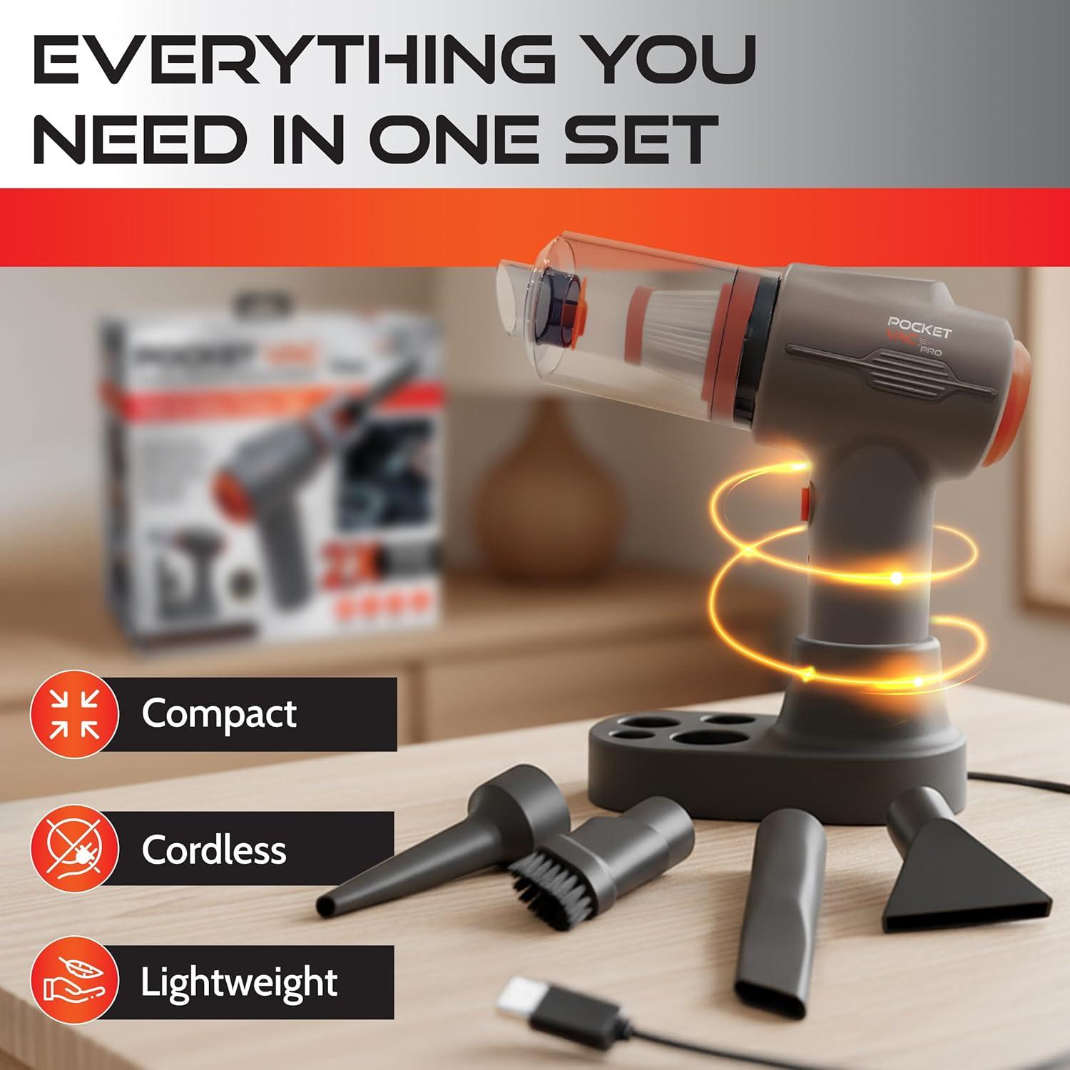 Aspiradora de Mano Pocket Vac Pro Inalámbrica 100W con Estación de Carga