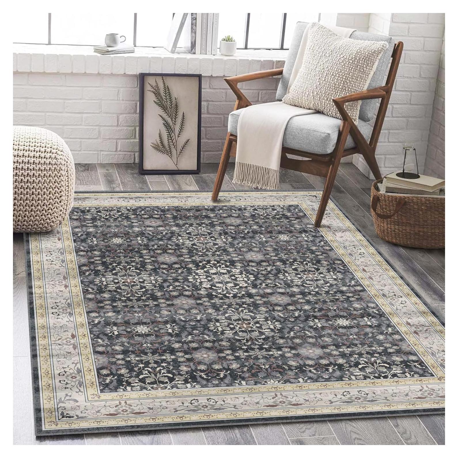 Alfombra de Área LOOMY 274x182 cm Floral Negro y Dorado