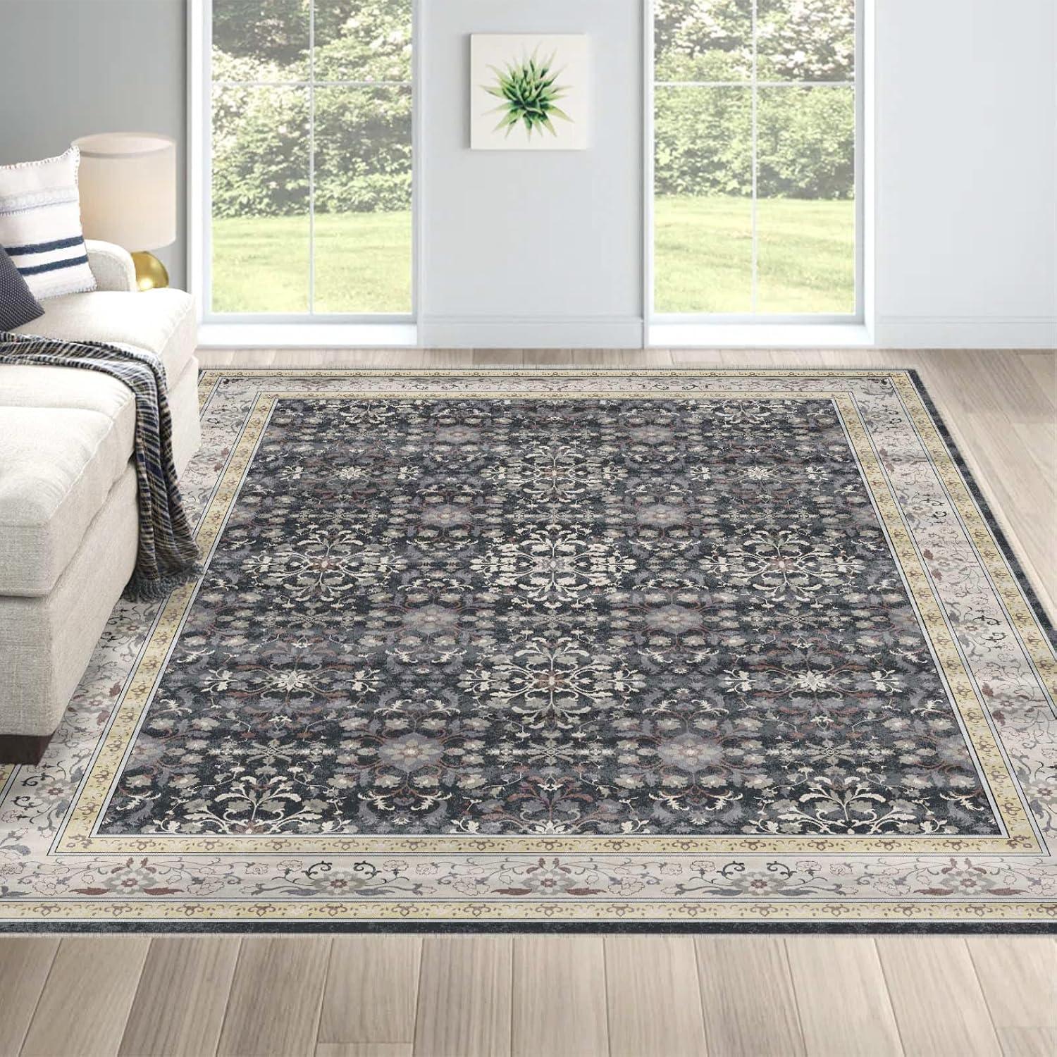 Alfombra de Área LOOMY 274x182 cm Floral Negro y Dorado
