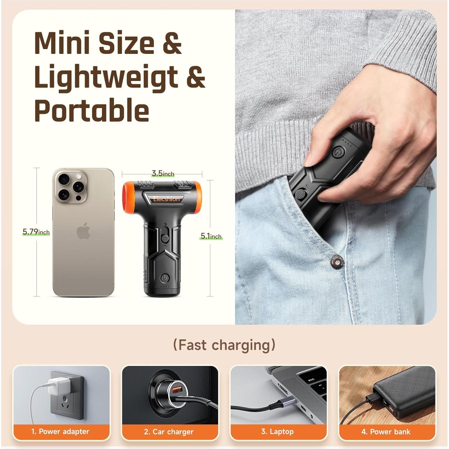 Soplador de Aire Eléctrico Elecshion 120m/s Recargable Naranja