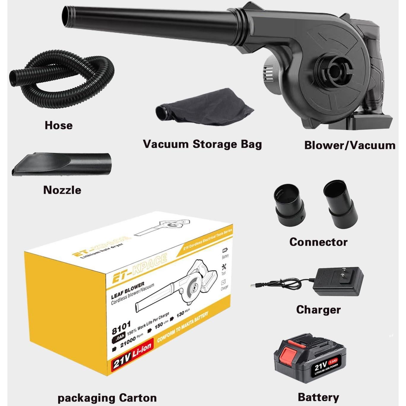 Soplador de Hojas Inalámbrico KINGPKE 21V 2 en 1 Portátil