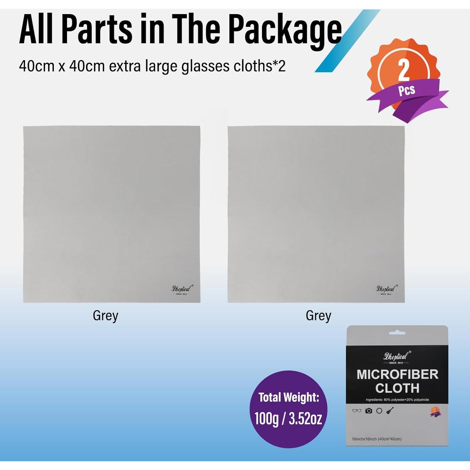Paño de Microfibra Extra Grande 40x40cm Dhoptical Gris 2 Piezas
