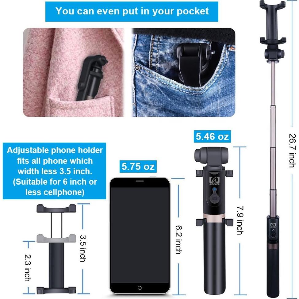 Bastón de Selfie 2-en-1 Apexel con Trípode y Control Remoto