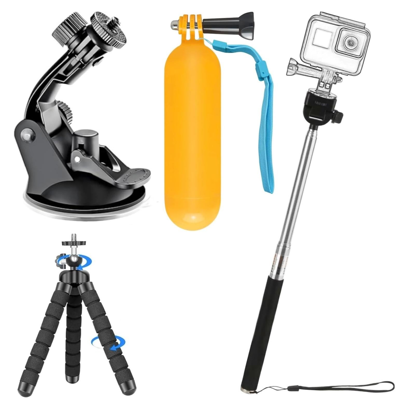 Kit Accesorios Cámara de Acción KUANVE - Palo Selfie, Soporte Ventosa, Mango Flotante, Trípode Mini